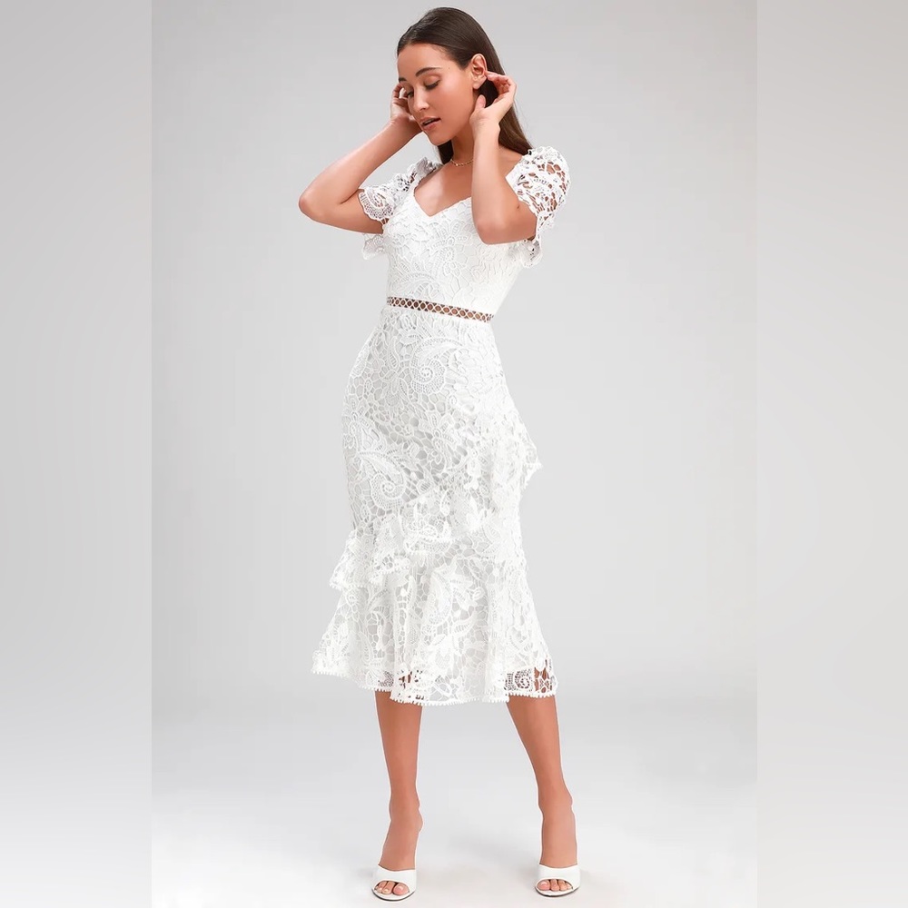10. NWOT Lulu’s Briarwood White Lace Ruffled Midi Dress
